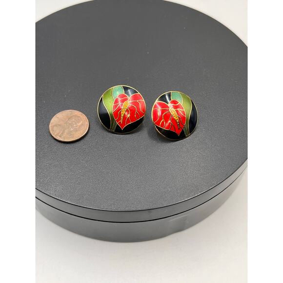 Laurel Burch Vintage Red Green Enamel Anthurium Flower Stud Holiday Earrings - Picture 8 of 8